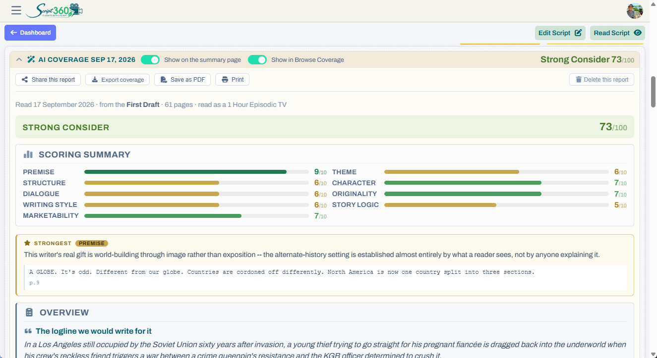 AI coverage of a screenplay in Script 360, with scores and verdict