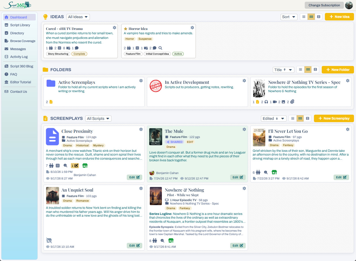 The Script 360 dashboard, with screenplays, folders and ideas