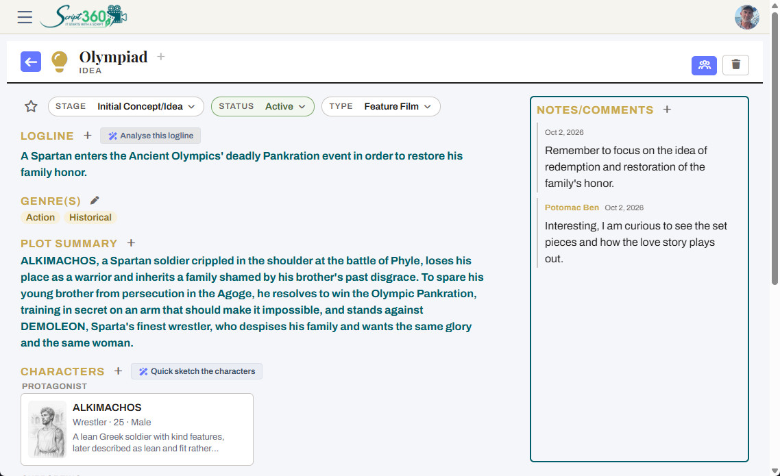 An Idea page in Script 360: logline, characters and scenes laid out together