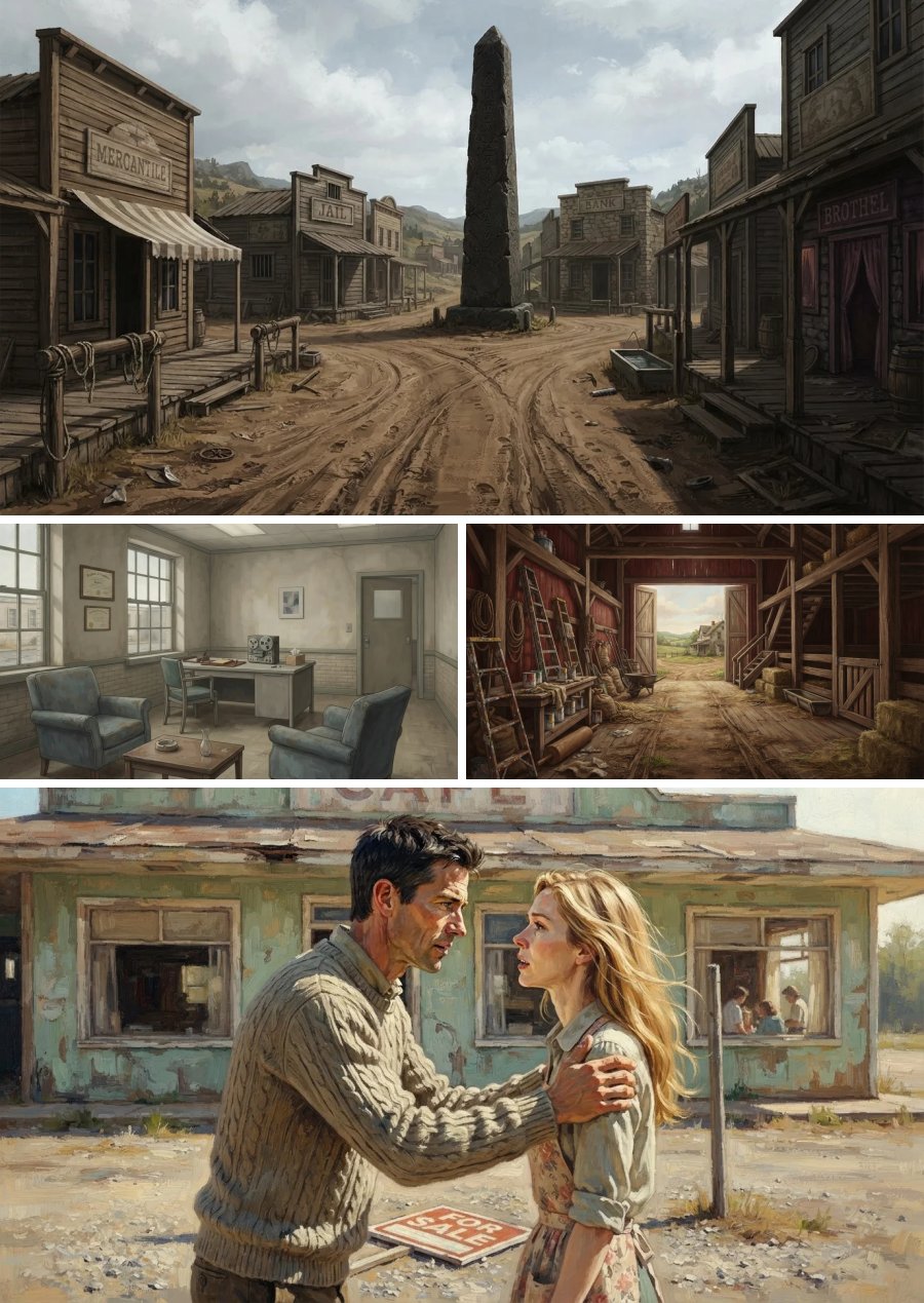 Pictures of a western town's main street, an institution office and the inside of a barn, and a painted scene of a man comforting a woman outside a shuttered cafe