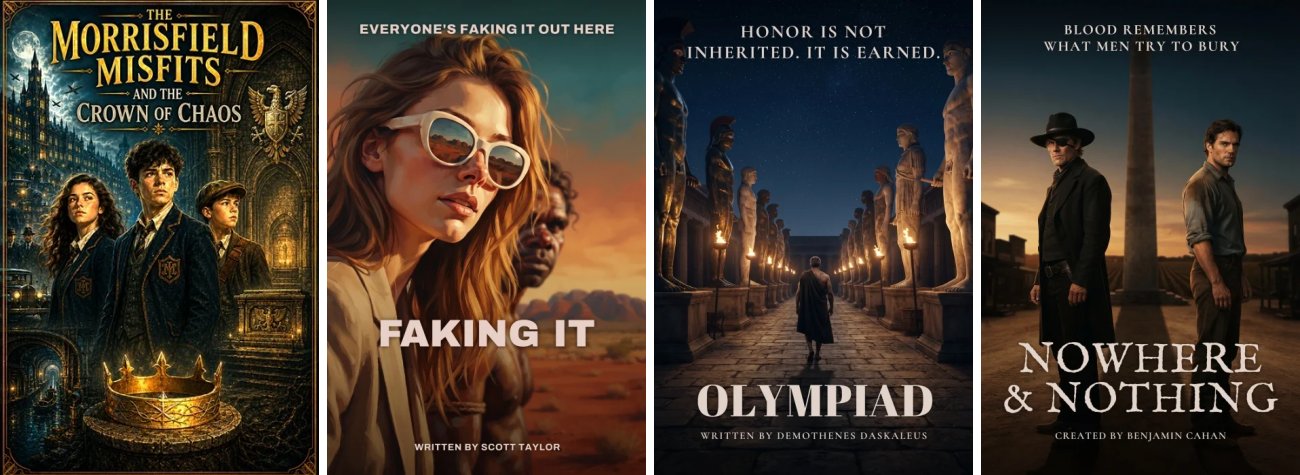 Four movie posters made in Script 360: The Morrisfield Misfits, Faking It, Olympiad and Nowhere & Nothing