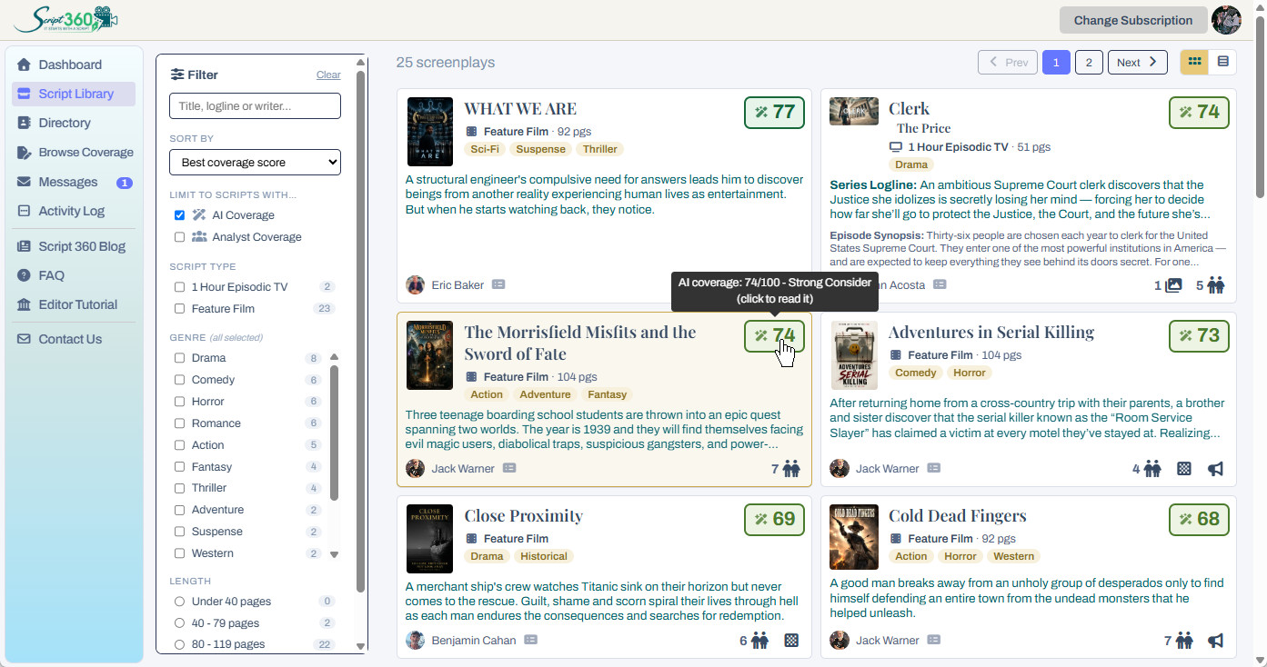 The Script 360 Script Library, with screenplays listed for members to find