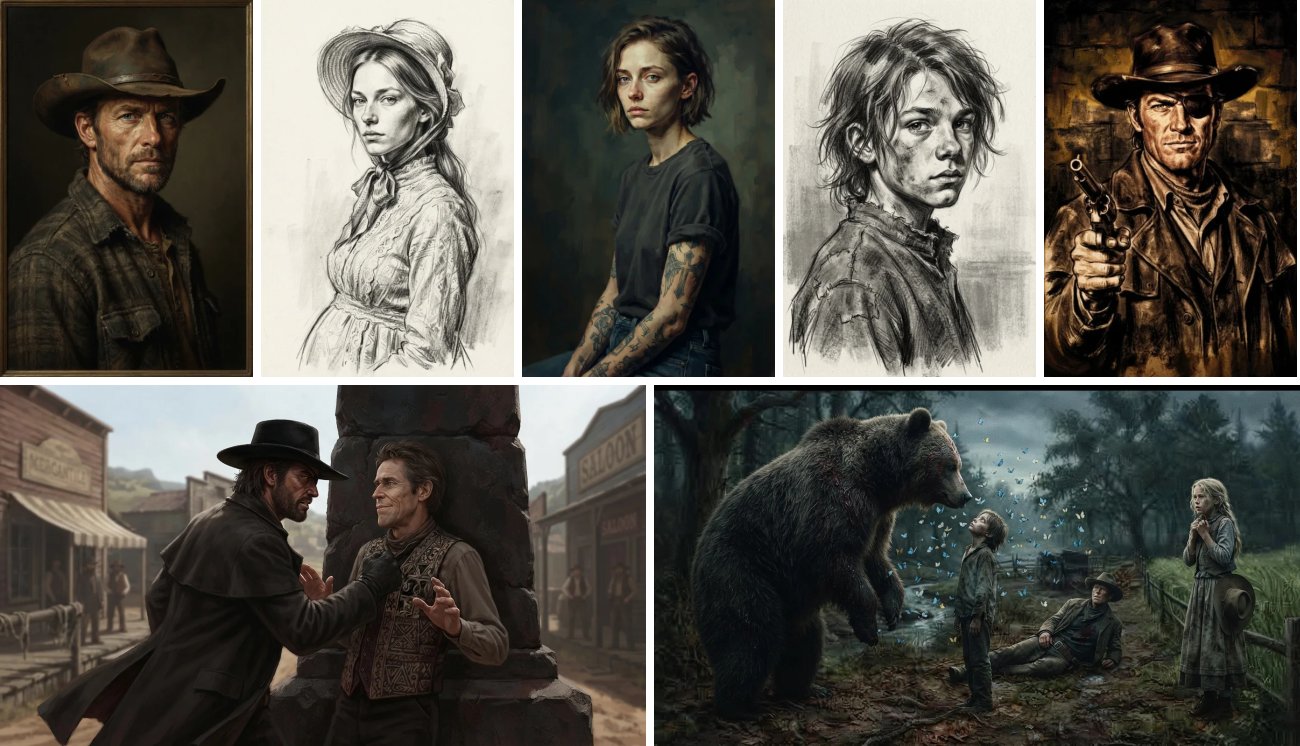 Character sketches in pencil, oil and comic book styles, with two scene pictures made in Script 360