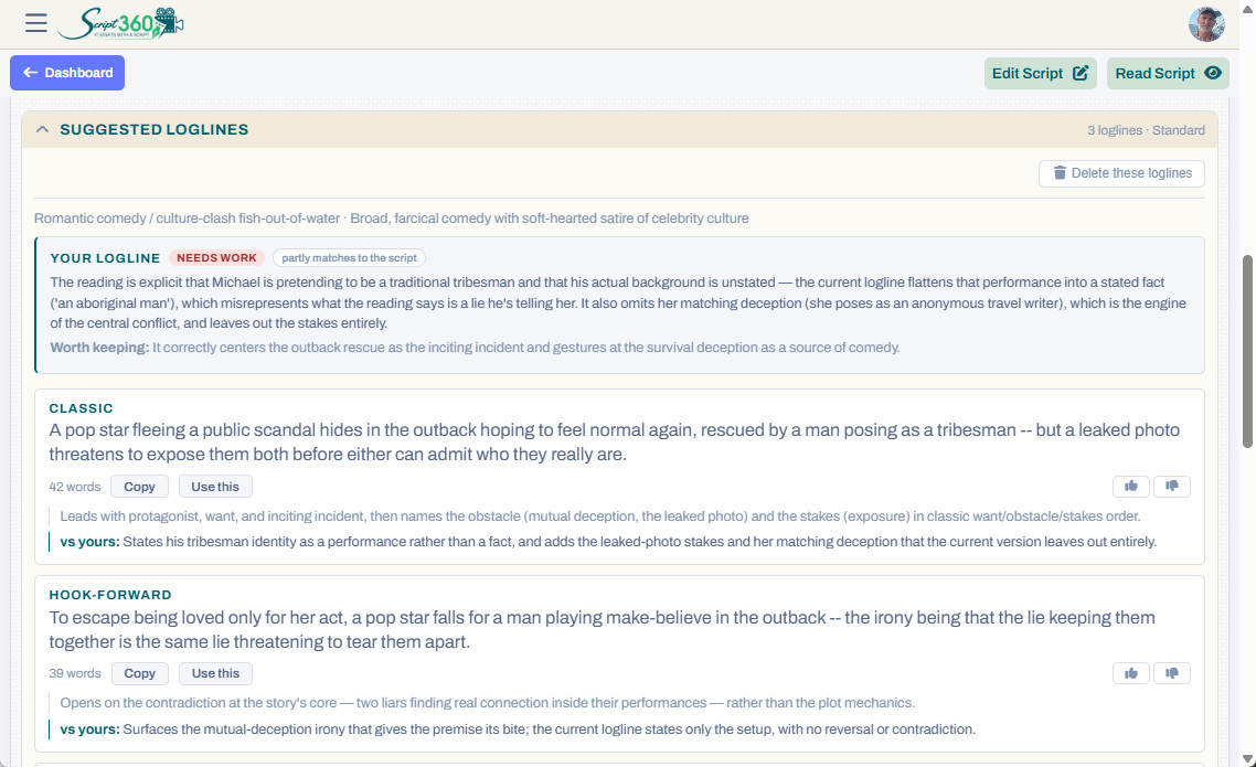 AI-suggested loglines for a screenplay in Script 360